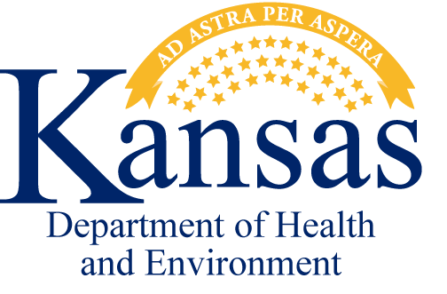a yellow and blue KDHE logo that shows the Kansas state seal