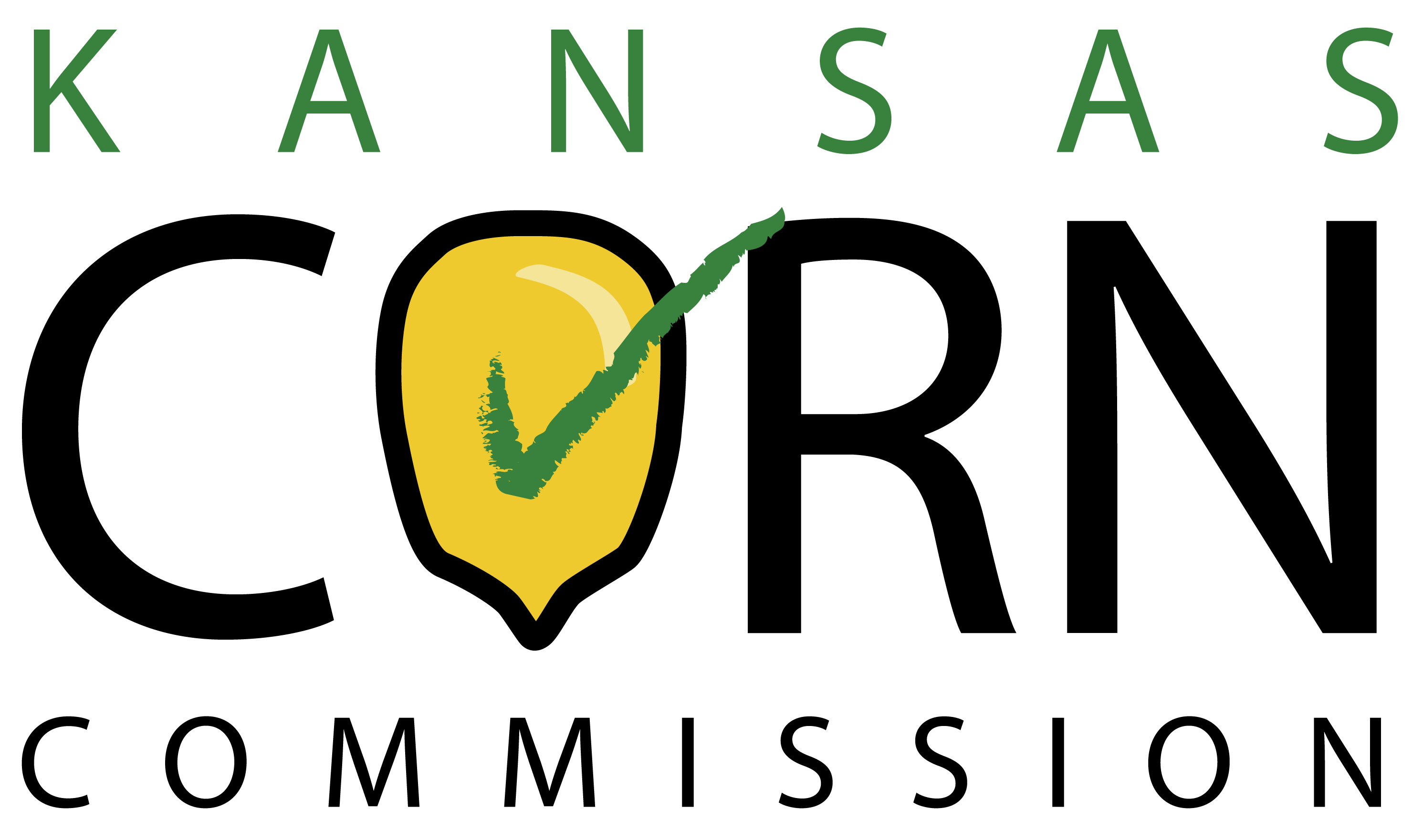 in green, the word Kansas, with Corn Commission written below in black. The "o" in corn is shaped like a yellow corn kernel with a green checkmark